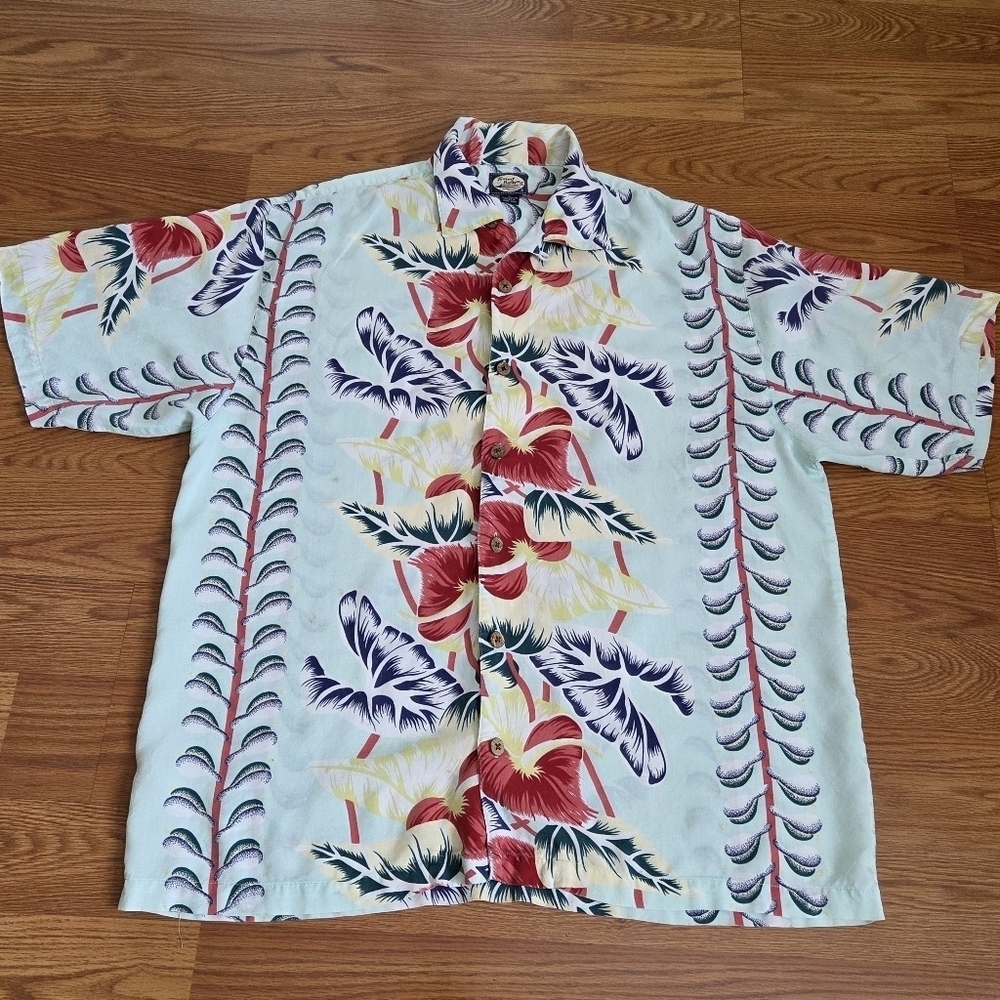 Vintage Tommy Bahama Hawaiian Shirt Men's Large Floral Hibiscus Turquoise Rayon